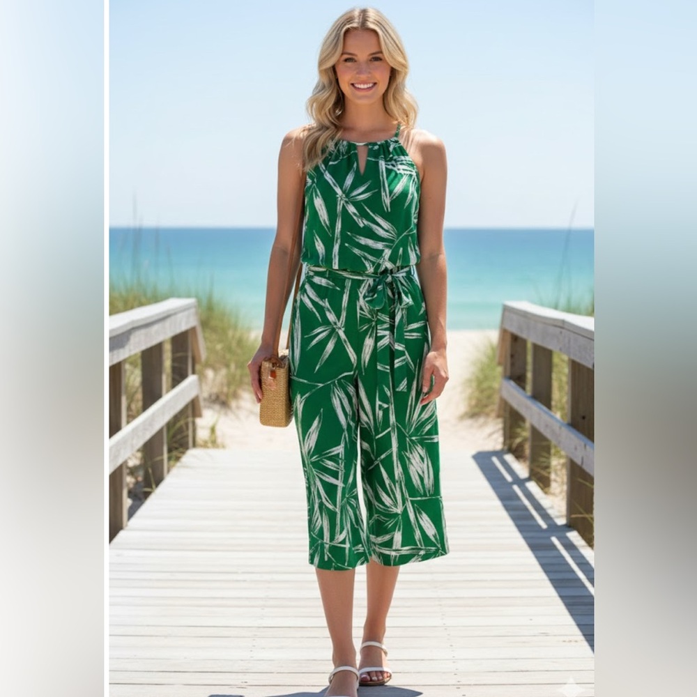 London times green one piece romper jumpsuit capri tropical cruise size 8